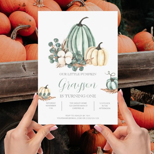 Fall Pumpkin Watercolor 1st Birthday Invitation