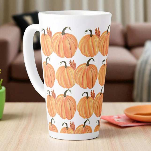 Fall Pumpkin Watercolor Autumn Leaves Pattern Latte Mug (Creator Uploaded)
