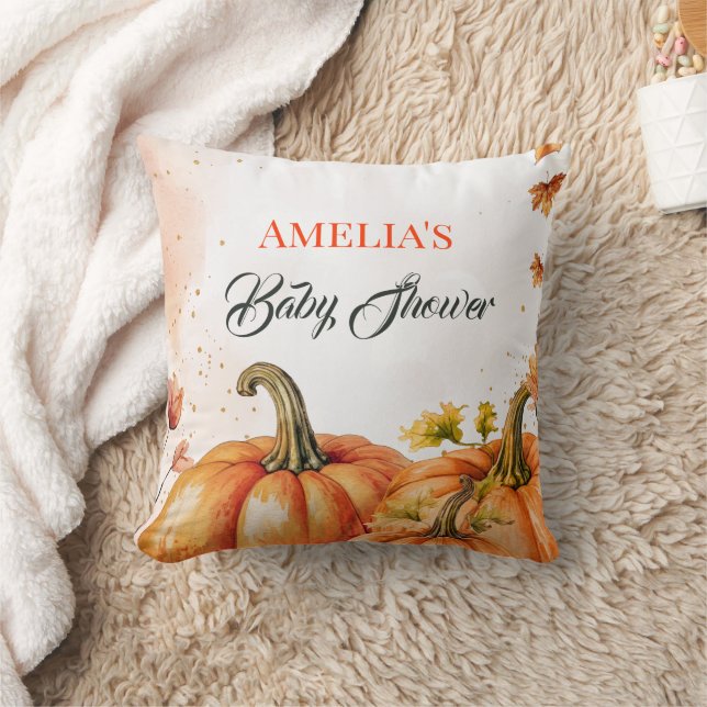 Fall Pumpkin Watercolor Baby Shower Throw Pillow (Blanket)