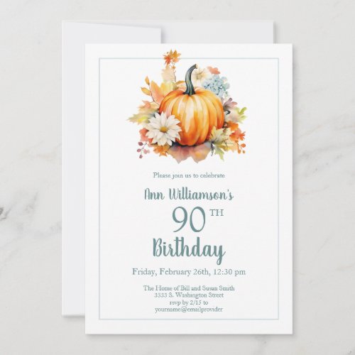 Fall Pumpkin Watercolor Floral 90th Birthday Invitation
