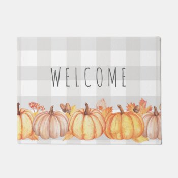 Fall Pumpkin Watercolor Gingham Welcome Mat by lemontreecards at Zazzle