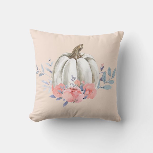 Fall Pumpkin Watercolor Pink Floral Foliage Throw Pillow (Front)