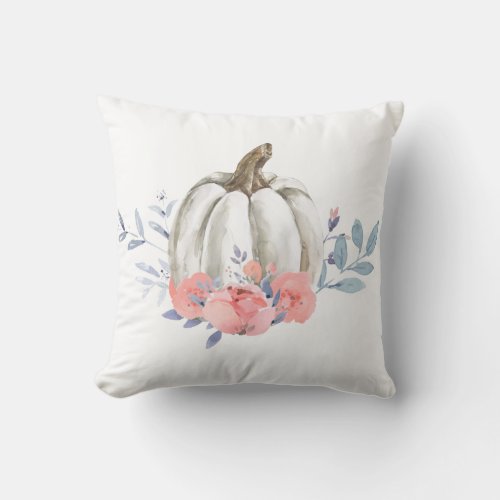 Fall Pumpkin Watercolor Pink Floral Foliage Throw Pillow