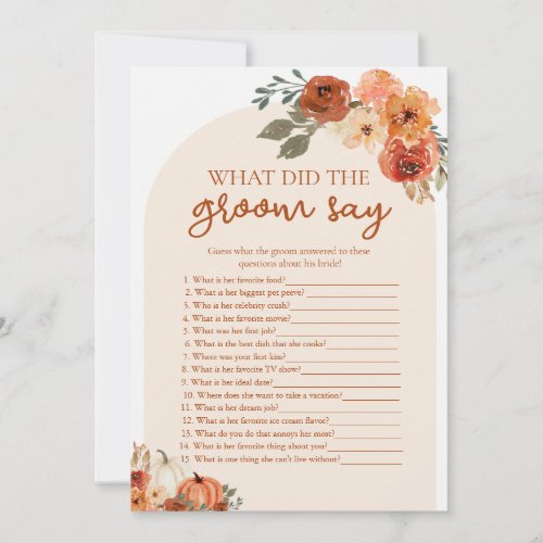 Fall Pumpkin What Did Groom Say Bridal Shower Game Invitation