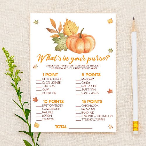 Fall Pumpkin Whats In Purse Baby Shower Game Stationery