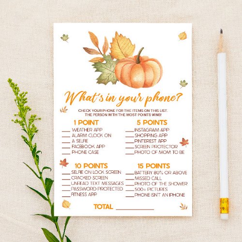 Fall Pumpkin Whats In Your Phone Baby Shower Game Stationery