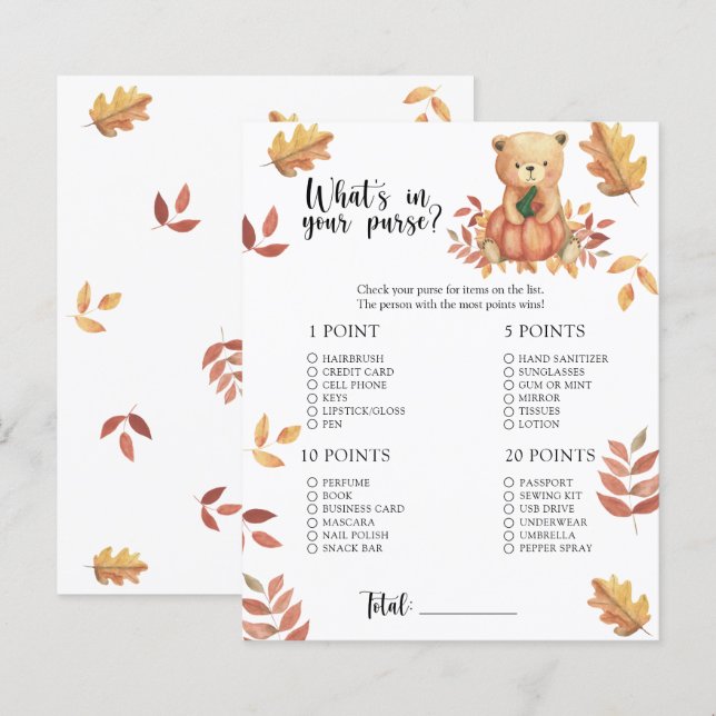 Fall pumpkin. Whats in your purse baby shower game (Front/Back)