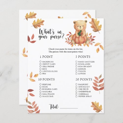 Fall pumpkin Whats in your purse baby shower game