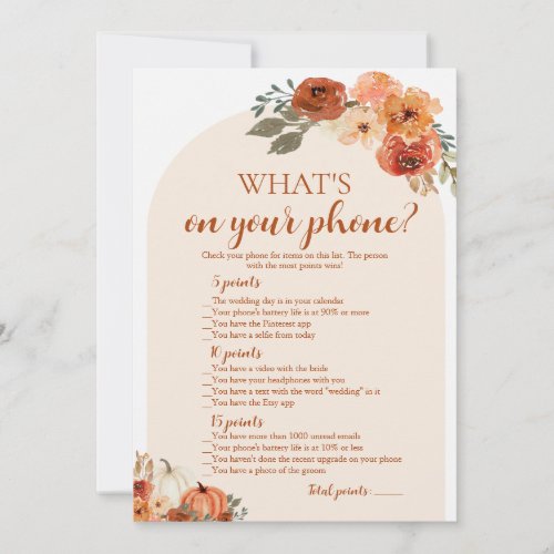 Fall Pumpkin Whats On Your Phone Baby Shower Game Invitation