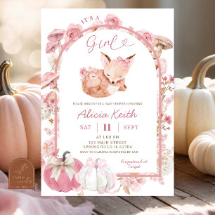 Fall Pumpkin White and Pink Fox Girl Baby Shower Invitation