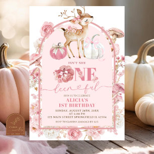 Fall Pumpkin White and Pink Onedeerful Birthday Invitation
