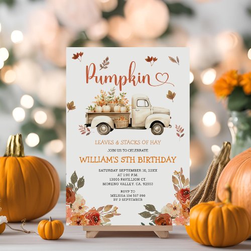 Fall Pumpkin White Truck 5Th Birthday Invitation