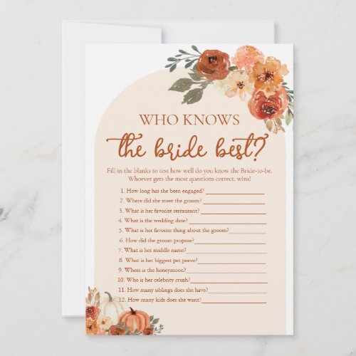 Fall Pumpkin Who Knows The Bride Best Bridal Game Invitation