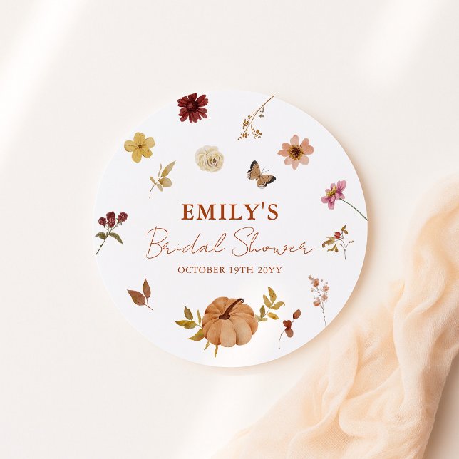 Fall Pumpkin Wildflower Bridal Shower Classic Round Sticker (Creator Uploaded)