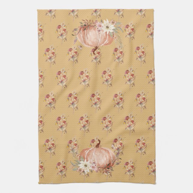 Fall Pumpkin Wildflower Floral Mustard Polka Dot  Kitchen Towel (Vertical)