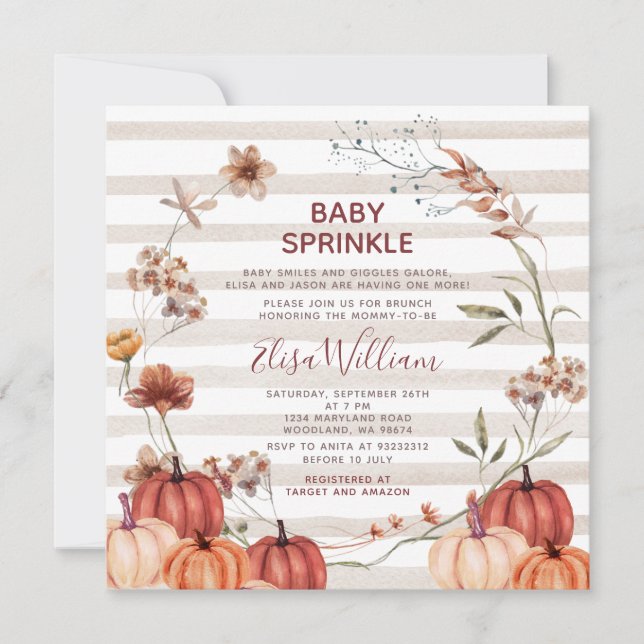 Fall Pumpkin Wildflowers Stripe Baby Sprinkle Invitation (Front)