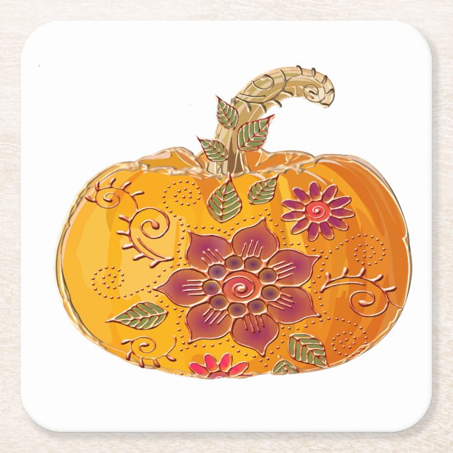 Fall Pumpkin With Flowers Square Paper Coaster (Front)