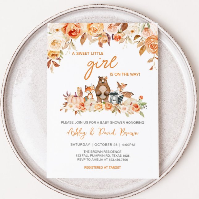 Fall Pumpkin Woodland Baby Shower  Invitation (Floral Fall Woodland Baby Shower Invitation)