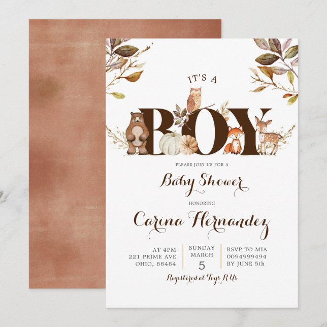 Fall Pumpkin Woodland Boy Baby Shower Invitation (Front/Back)