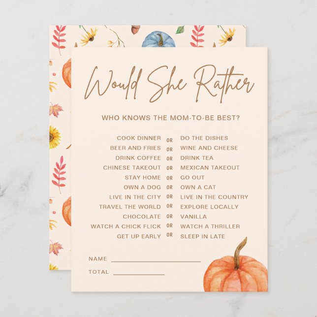 Fall Pumpkin Would She Rather Baby Shower Game (Front/Back)