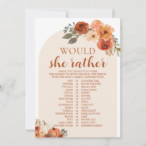 Fall Pumpkin Would She Rather Baby Shower Game Invitation