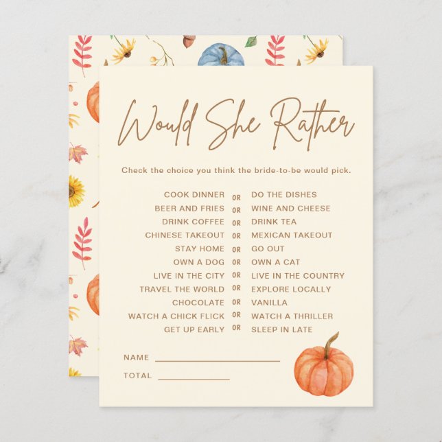 Fall Pumpkin Would She Rather Bridal Shower Game (Front/Back)