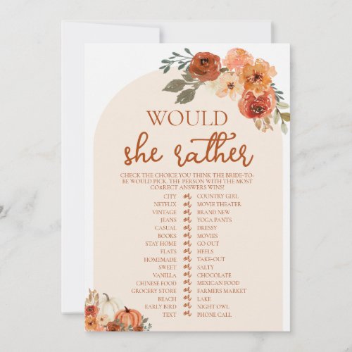 Fall Pumpkin Would She Rather Bridal Shower Game Invitation