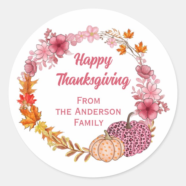 Fall Pumpkins And Flowers Wreath Classic Round Sticker (Front)