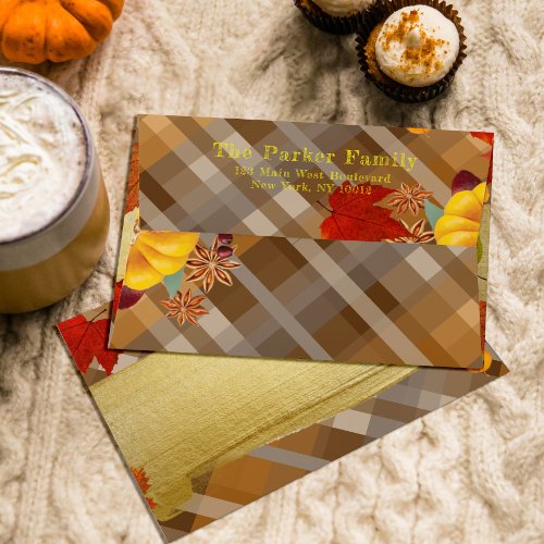 Fall Pumpkins And Foliage On Plaid Thanksgiving Envelope