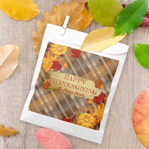 Fall Pumpkins And Foliage On Plaid Thanksgiving Favor Bag