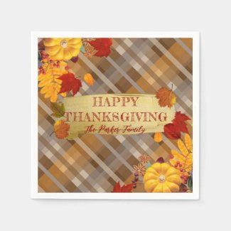Fall Pumpkins And Foliage On Plaid Thanksgiving