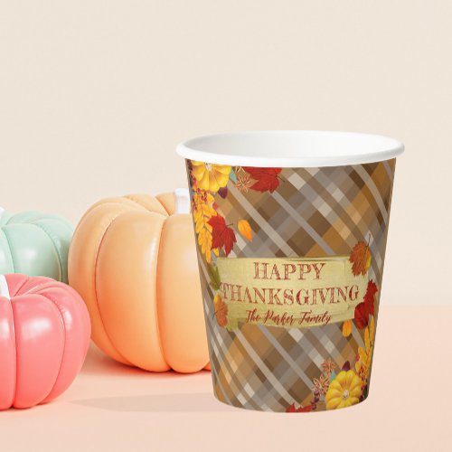 Fall Pumpkins And Foliage On Plaid Thanksgiving Paper Cups