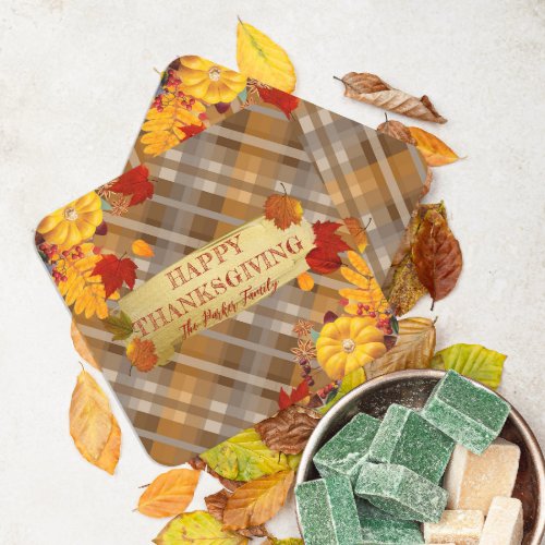 Fall Pumpkins And Foliage On Plaid Thanksgiving Square Paper Coaster