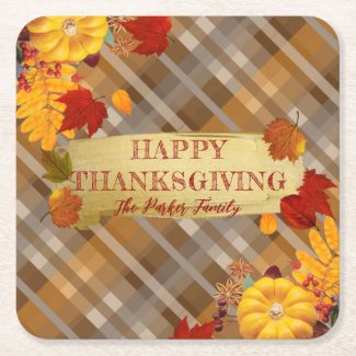 Fall Pumpkins And Foliage On Plaid Thanksgiving