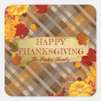 Fall Pumpkins And Foliage On Plaid Thanksgiving