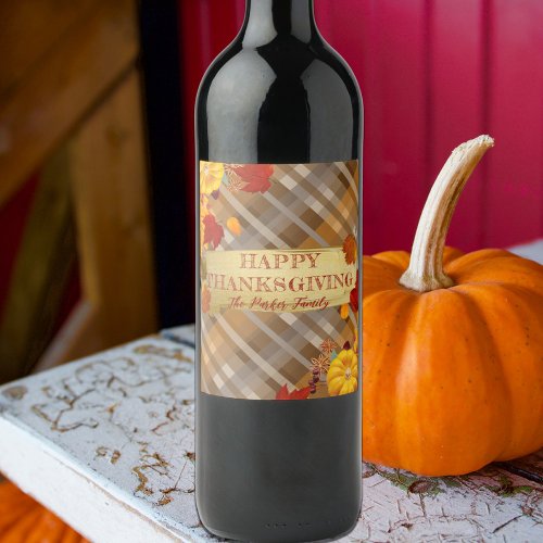 Fall Pumpkins And Foliage On Plaid Thanksgiving Wine Label