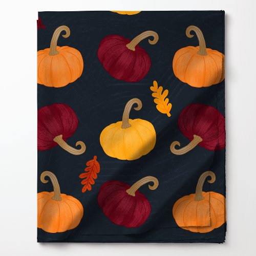 Fall Pumpkins and Leaves on Blue Pattern Fabric