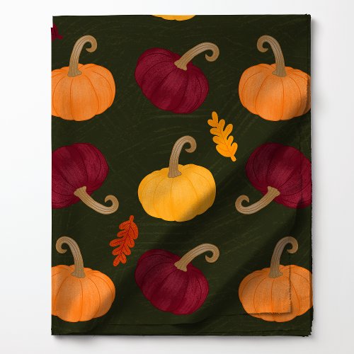 Fall Pumpkins And Leaves On Green Pattern Fabric