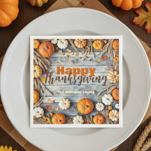 Fall Pumpkins and Leaves on Wood Thanksgiving Napkins (Creator Uploaded)