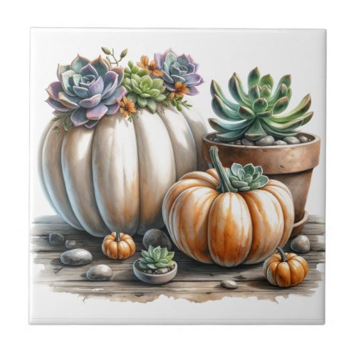 Fall Pumpkins and Succulents Ceramic Tile