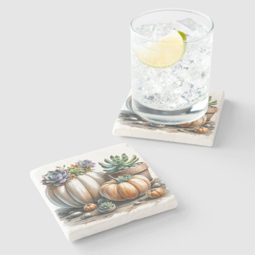 Fall Pumpkins and Succulents Stone Coaster