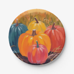 Fall Pumpkins Autumn Landscape Watercolor Art Paper Plates