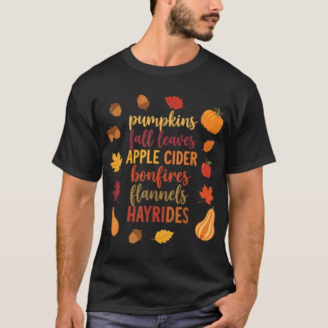  Fall Pumpkins Autumn Leaves Apple Cider Bonfires  T-Shirt (Front)