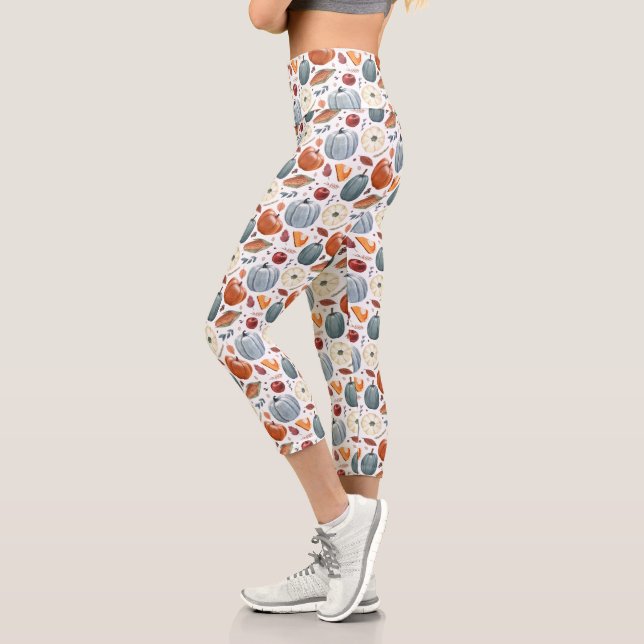 Fall Pumpkins & Autumn Leaves Pattern Capri Leggings (Left)