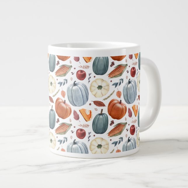 Fall Pumpkins & Autumn Leaves Pattern Giant Coffee Mug (Front Right)