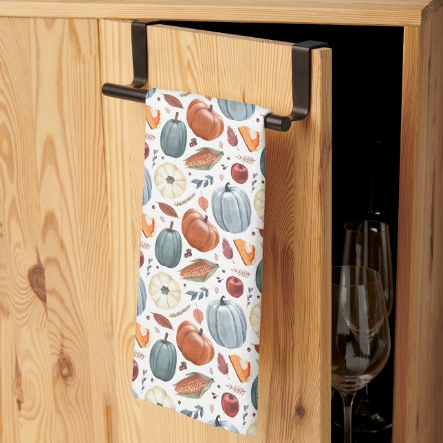Fall Pumpkins & Autumn Leaves Pattern Kitchen Towel (Thirds Fold)