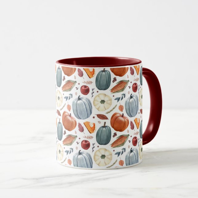Fall Pumpkins & Autumn Leaves Pattern Mug (Front Right)