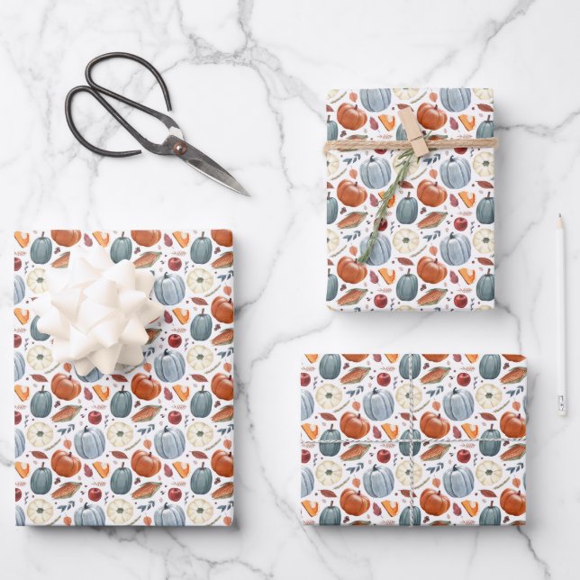Fall Pumpkins & Autumn Leaves Pattern Wrapping Paper Sheets (Front)