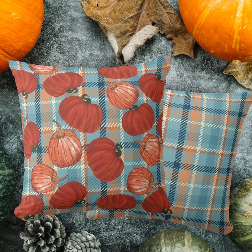 Fall pumpkins blue and orange plaid pattern throw pillow