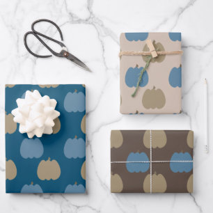 Fall Pumpkins Blue Beige Boho  Wrapping Paper Sheets